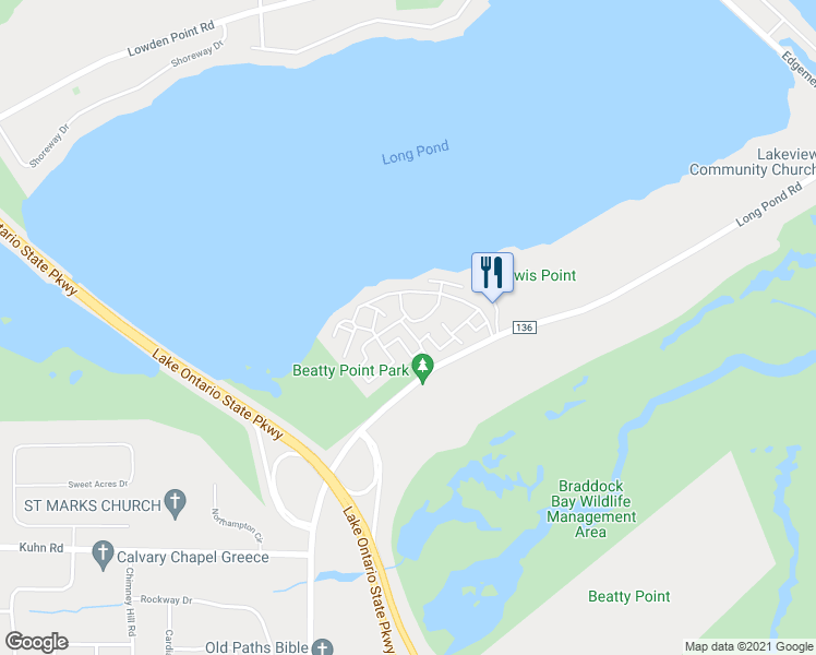 map of restaurants, bars, coffee shops, grocery stores, and more near 225 Long Pond Road in Rochester