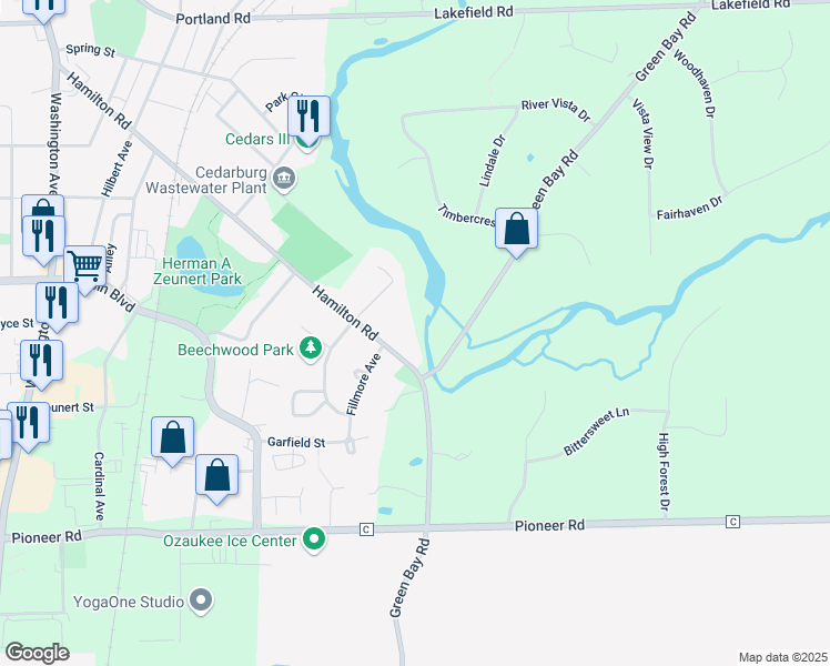 map of restaurants, bars, coffee shops, grocery stores, and more near N23W5028 Hamilton Rd in Cedarburg