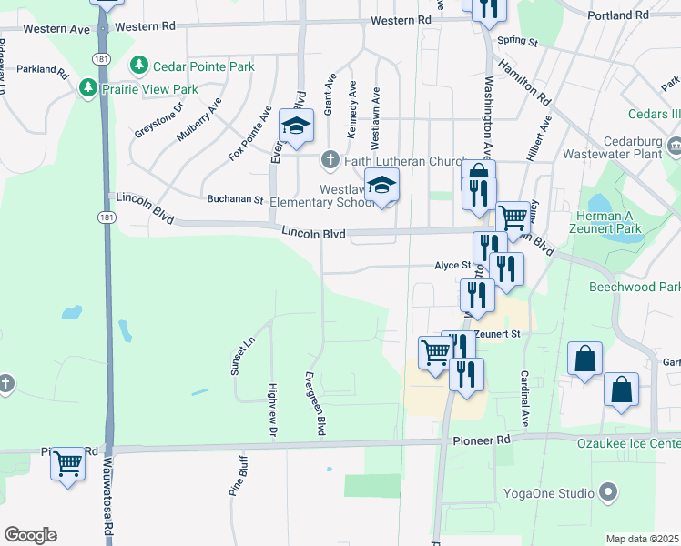 map of restaurants, bars, coffee shops, grocery stores, and more near N28W6800 Alyce Street in Cedarburg