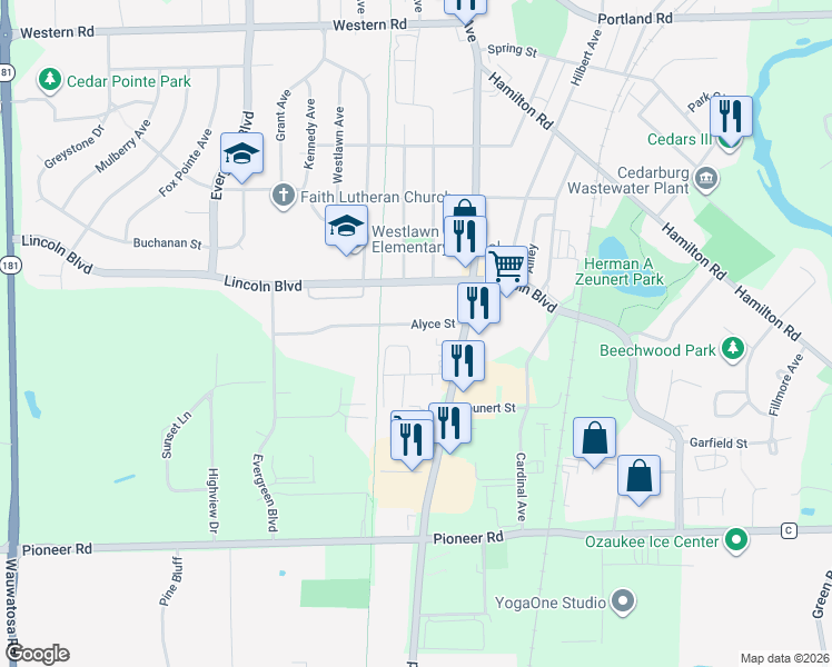 map of restaurants, bars, coffee shops, grocery stores, and more near W6359 Alyce Street in Cedarburg