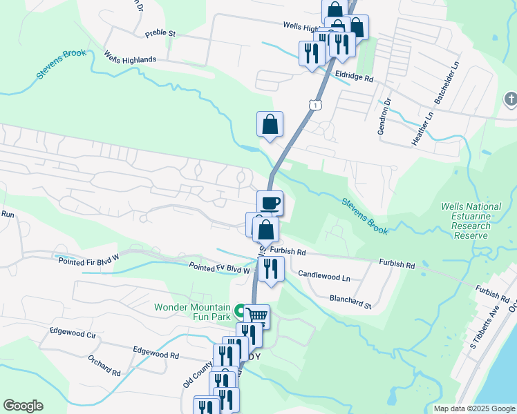 map of restaurants, bars, coffee shops, grocery stores, and more near 424 Post Road in Wells