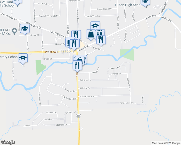 map of restaurants, bars, coffee shops, grocery stores, and more near 140 Village II Drive in Hilton