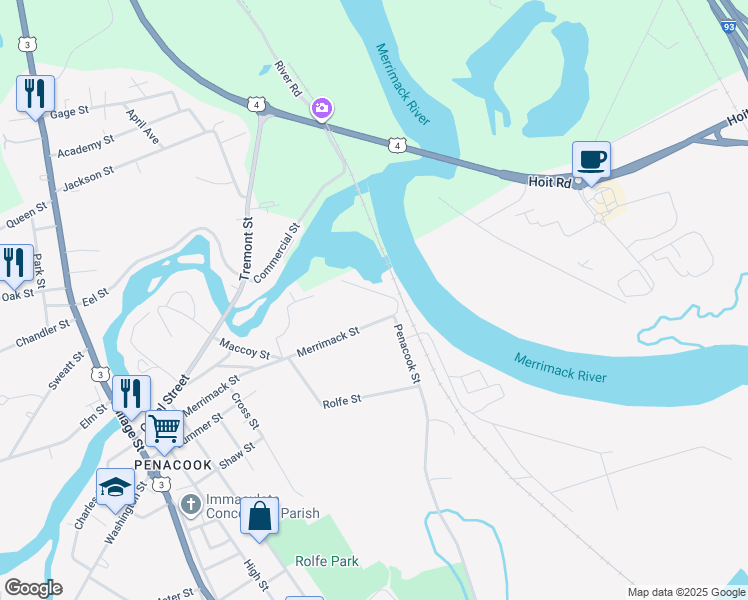 map of restaurants, bars, coffee shops, grocery stores, and more near 121 Merrimack St in Concord
