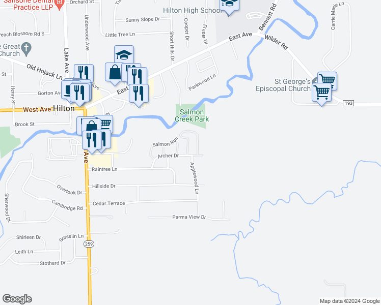 map of restaurants, bars, coffee shops, grocery stores, and more near 2C Marple Lane in Hilton