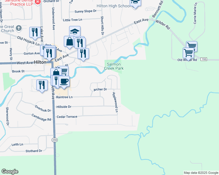 map of restaurants, bars, coffee shops, grocery stores, and more near 2C Marple Lane in Hilton