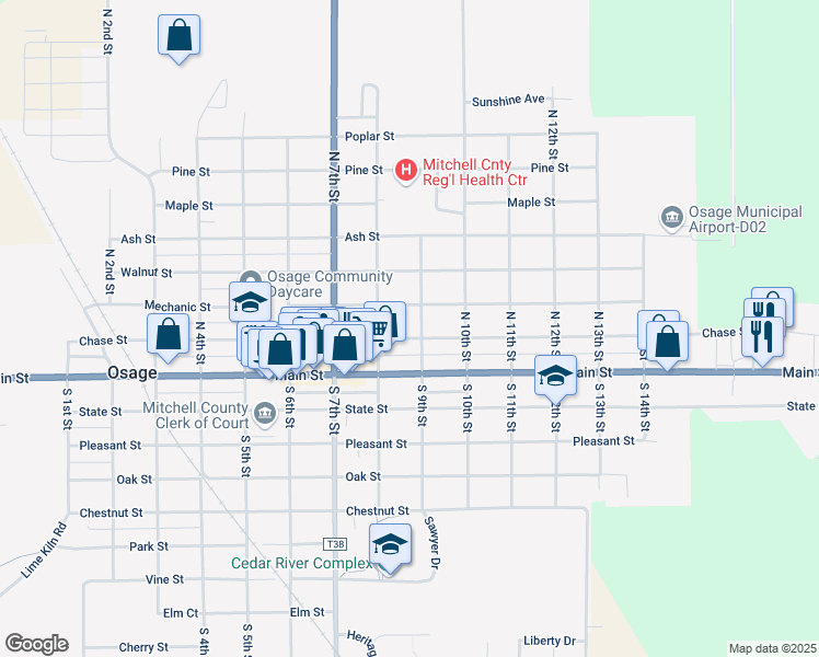 map of restaurants, bars, coffee shops, grocery stores, and more near 201-299 North 9th Street in Osage