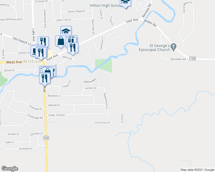 map of restaurants, bars, coffee shops, grocery stores, and more near 17 Marple Lane in Hilton