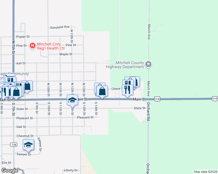 map of restaurants, bars, coffee shops, grocery stores, and more near 220 North 14th Street in Osage