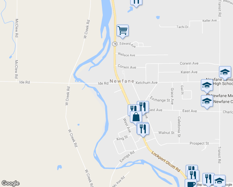 map of restaurants, bars, coffee shops, grocery stores, and more near 5998 Lincoln Court in Newfane