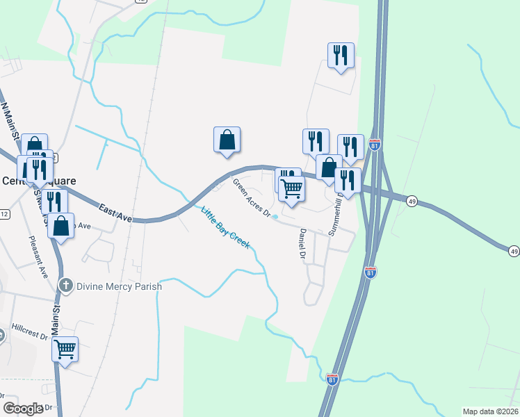 map of restaurants, bars, coffee shops, grocery stores, and more near 30 Green Acres Drive in Central Square