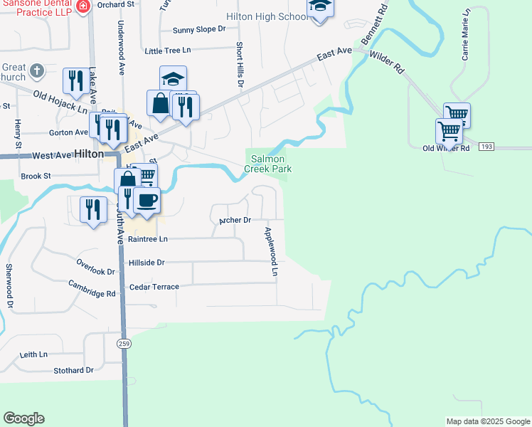 map of restaurants, bars, coffee shops, grocery stores, and more near 2C Marple Lane in Hilton