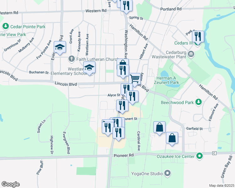 map of restaurants, bars, coffee shops, grocery stores, and more near W62N281 Washington Avenue in Cedarburg