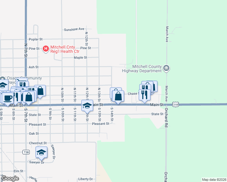 map of restaurants, bars, coffee shops, grocery stores, and more near 220 North 14th Street in Osage