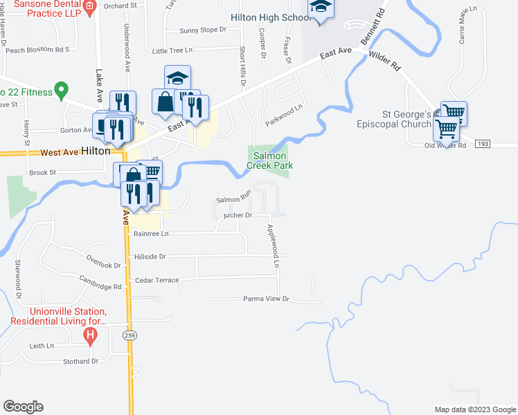 map of restaurants, bars, coffee shops, grocery stores, and more near 1D Marple Lane in Hilton