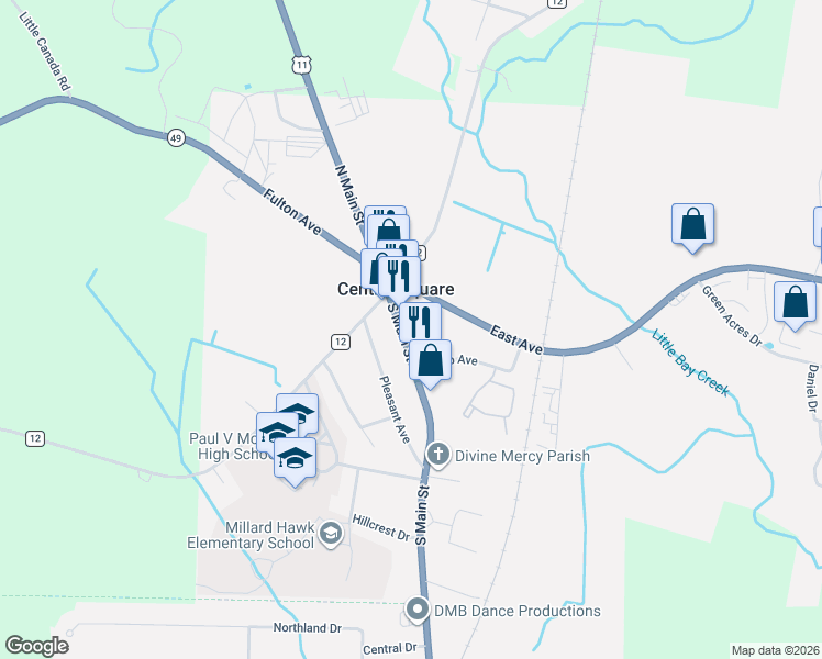 map of restaurants, bars, coffee shops, grocery stores, and more near 652 South Main Street in Central Square