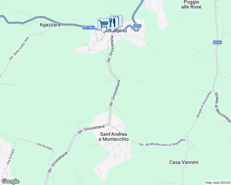map of restaurants, bars, coffee shops, grocery stores, and more near 49 Strada Grossetana in Siena