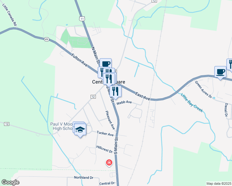 map of restaurants, bars, coffee shops, grocery stores, and more near 44 School Drive in Central Square