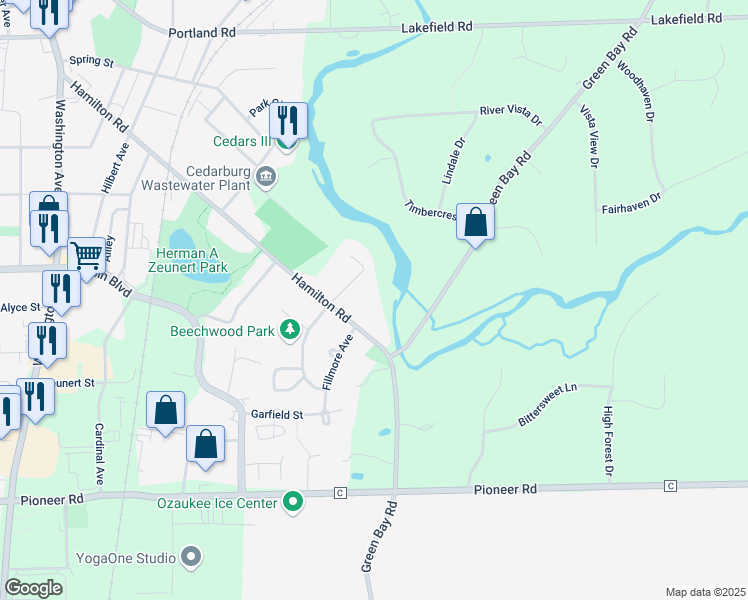 map of restaurants, bars, coffee shops, grocery stores, and more near N23 W5028 Hamilton Road in Cedarburg