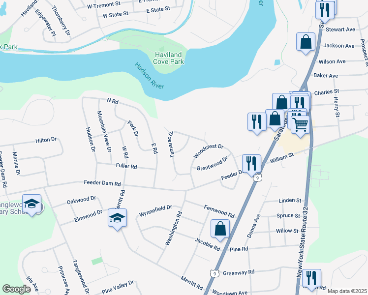 map of restaurants, bars, coffee shops, grocery stores, and more near Wedgewood Drive in South Glens Falls