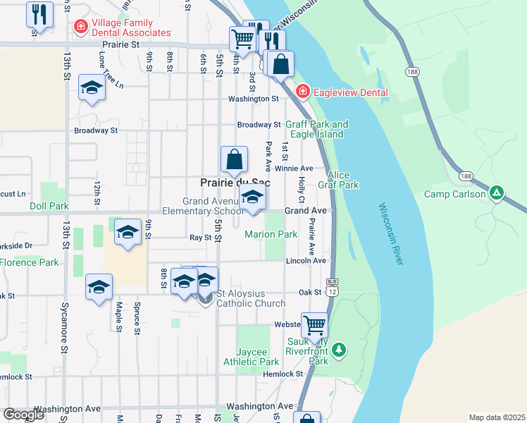 map of restaurants, bars, coffee shops, grocery stores, and more near 225 Grand Avenue in Prairie du Sac