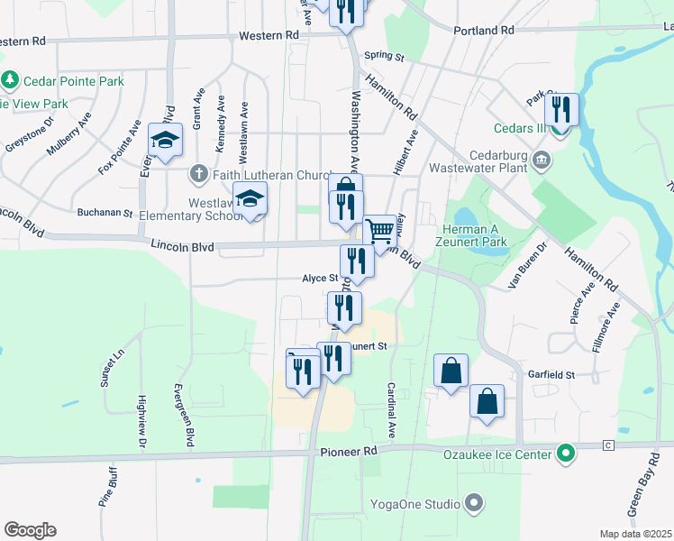 map of restaurants, bars, coffee shops, grocery stores, and more near W62N281 Washington Avenue in Cedarburg