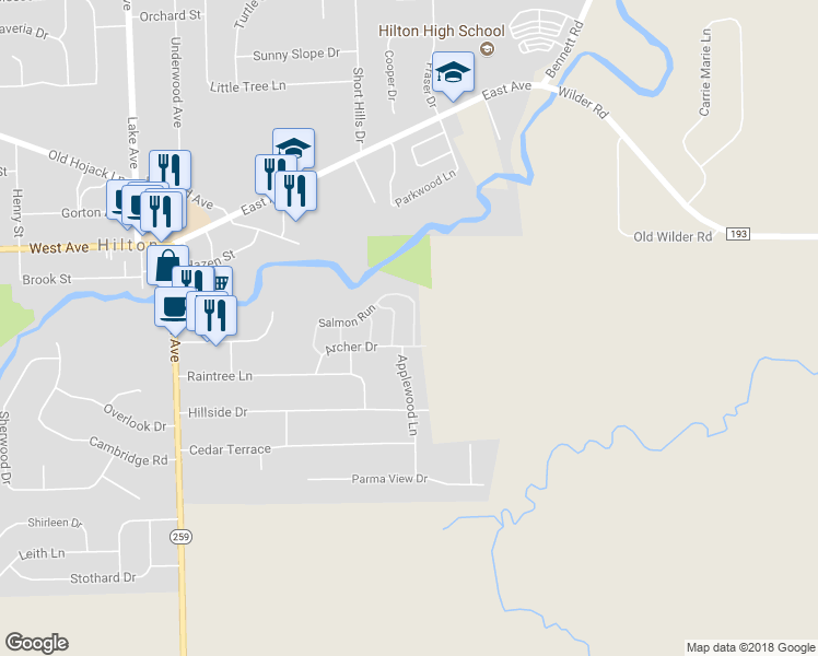 map of restaurants, bars, coffee shops, grocery stores, and more near 16 Marple Lane in Hilton