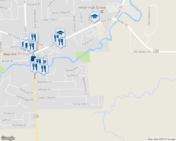 map of restaurants, bars, coffee shops, grocery stores, and more near 15A Marple Lane in Hilton
