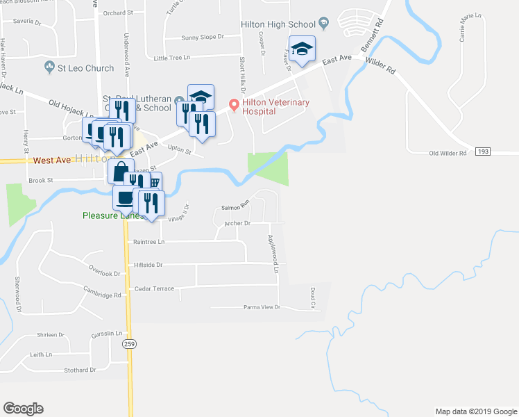 map of restaurants, bars, coffee shops, grocery stores, and more near 3D Marple Lane in Hilton