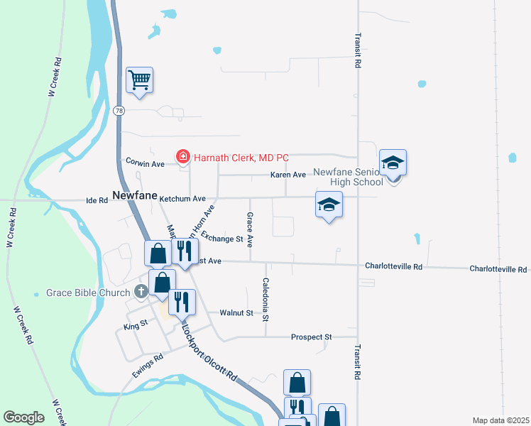 map of restaurants, bars, coffee shops, grocery stores, and more near 6130 Judy Avenue in Newfane