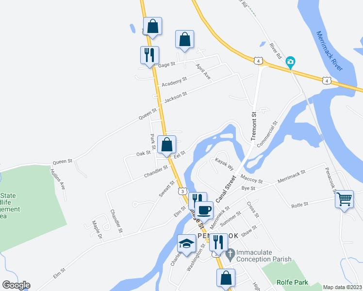 map of restaurants, bars, coffee shops, grocery stores, and more near 7 Eel Street in Boscawen