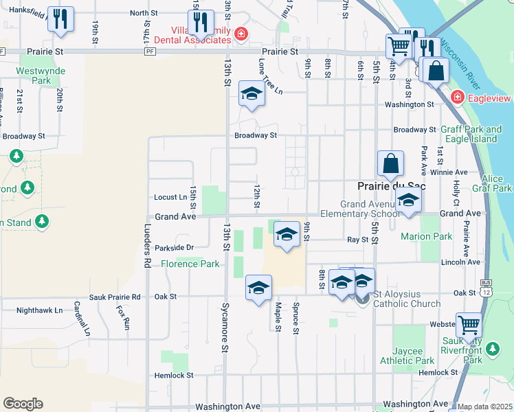 map of restaurants, bars, coffee shops, grocery stores, and more near 242 12th Street in Prairie du Sac