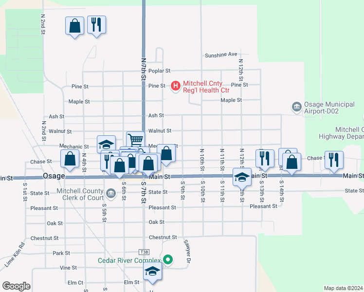 map of restaurants, bars, coffee shops, grocery stores, and more near 299 North 9th Street in Osage