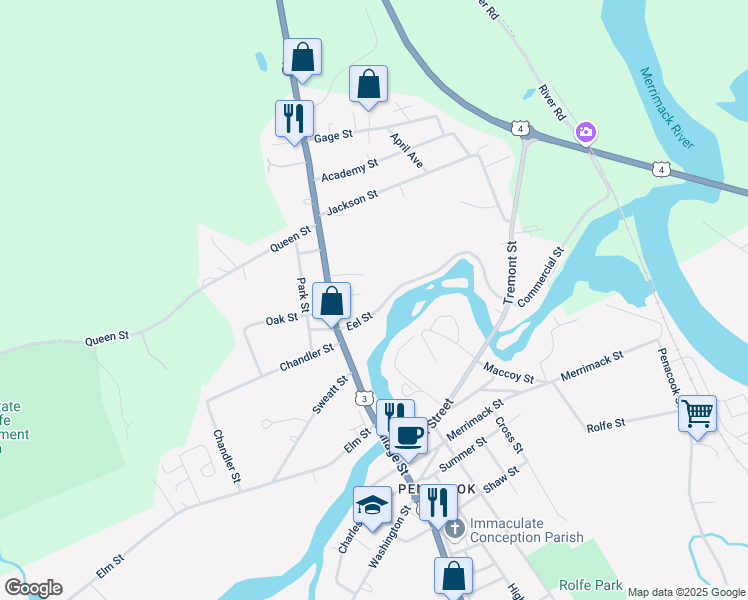 map of restaurants, bars, coffee shops, grocery stores, and more near 7 Eel Street in Boscawen