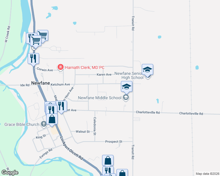 map of restaurants, bars, coffee shops, grocery stores, and more near 6140 Judy Avenue in Newfane