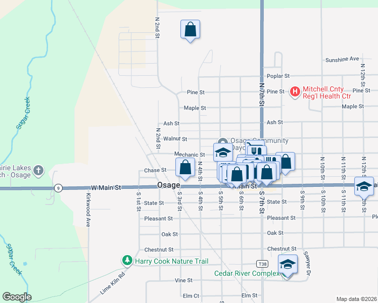 map of restaurants, bars, coffee shops, grocery stores, and more near 301-399 Chase Street in Osage