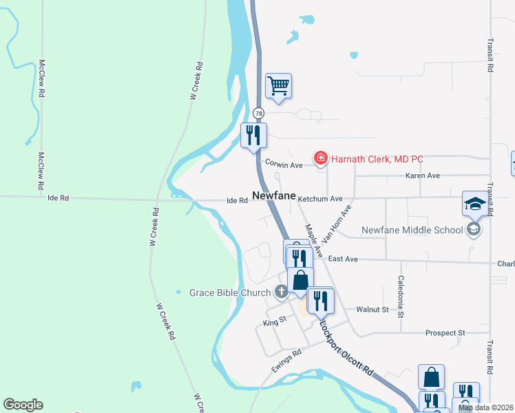 map of restaurants, bars, coffee shops, grocery stores, and more near 5998 Lincoln Court in Newfane