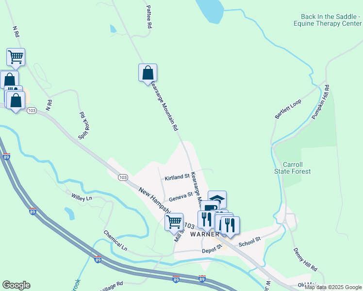 map of restaurants, bars, coffee shops, grocery stores, and more near 84 Kearsarge Mountain Road in Warner