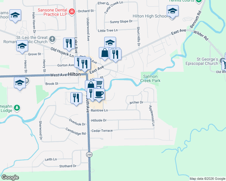 map of restaurants, bars, coffee shops, grocery stores, and more near 460 Village II Drive in Hilton