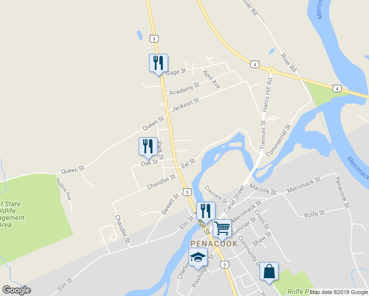 map of restaurants, bars, coffee shops, grocery stores, and more near 11 School Street in Boscawen