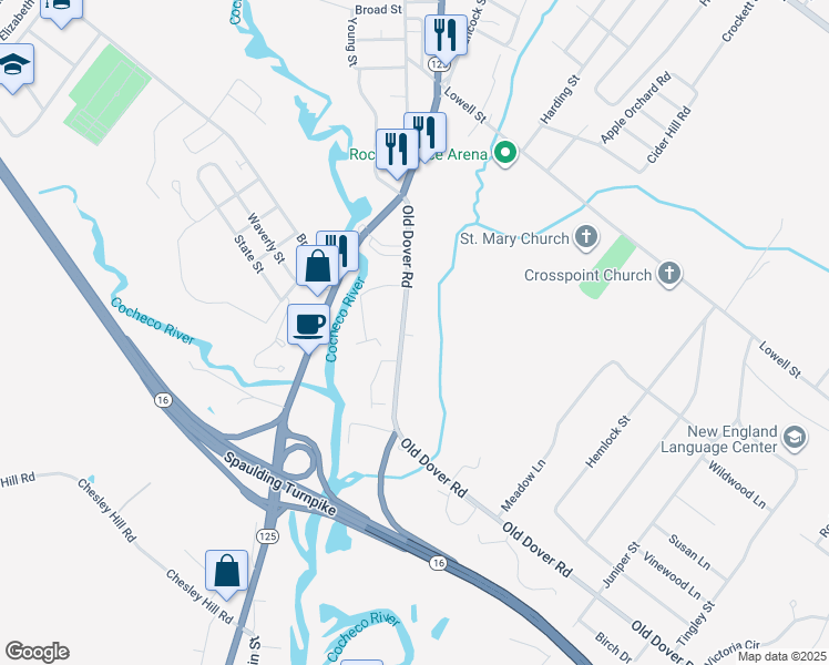 map of restaurants, bars, coffee shops, grocery stores, and more near 32 Old Dover Road in Rochester