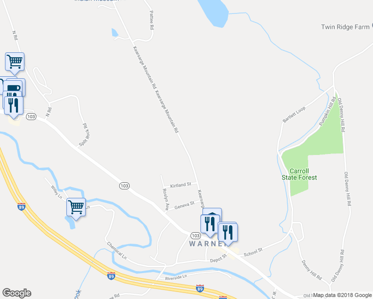 map of restaurants, bars, coffee shops, grocery stores, and more near 84 Kearsarge Mountain Road in Warner