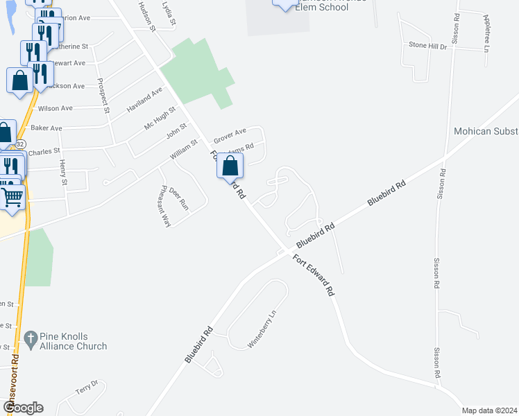 map of restaurants, bars, coffee shops, grocery stores, and more near 33 Skylark Drive in South Glens Falls
