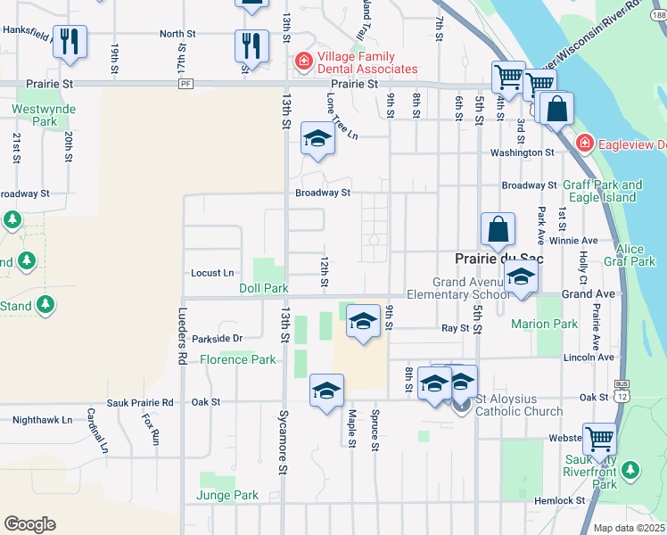 map of restaurants, bars, coffee shops, grocery stores, and more near 995 Broadway in Prairie du Sac