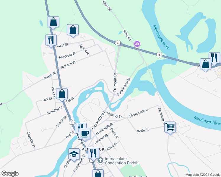 map of restaurants, bars, coffee shops, grocery stores, and more near 7 Eel Street in Boscawen