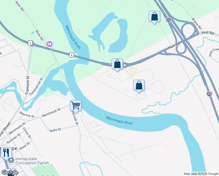 map of restaurants, bars, coffee shops, grocery stores, and more near 30 Hannah Dustin Drive in Concord