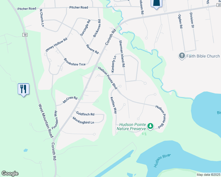 map of restaurants, bars, coffee shops, grocery stores, and more near 6 Kettles Way in Queensbury
