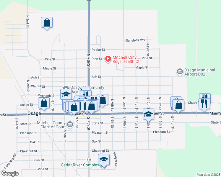 map of restaurants, bars, coffee shops, grocery stores, and more near 800-898 Walnut St in Osage