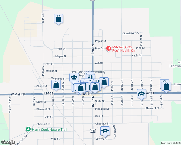 map of restaurants, bars, coffee shops, grocery stores, and more near 700-798 Walnut Street in Osage