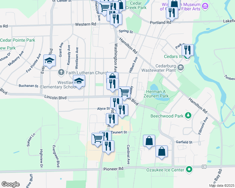 map of restaurants, bars, coffee shops, grocery stores, and more near W61N306 Washington Avenue in Cedarburg