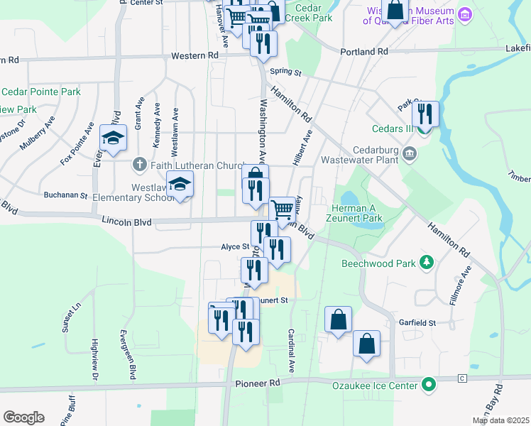 map of restaurants, bars, coffee shops, grocery stores, and more near W61N306 Washington Avenue in Cedarburg
